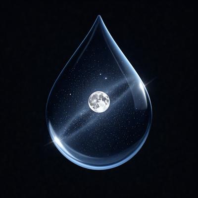 The primary subject of the image is a tear-shaped glass object, which is a moon-shaped glass pendant. The setting is a dark background, which emphasizes the pendant's shape and design. The visual style is a combination of digital art and illustration, as the pendant is depicted in a realistic manner. The colors and mood of the image are predominantly dark, with the moon-shaped pendant being the main focal point.